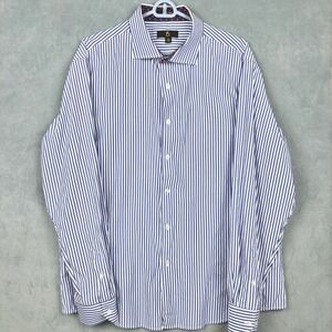 D Brand Mens XL 17.5 Blue White Striped Long Sleeve Cotton Button Up Dress Shirt